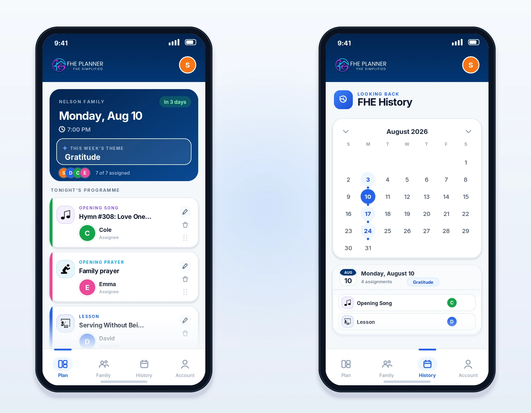 FHE Planner running on a phone, showing the weekly plan and the history calendar